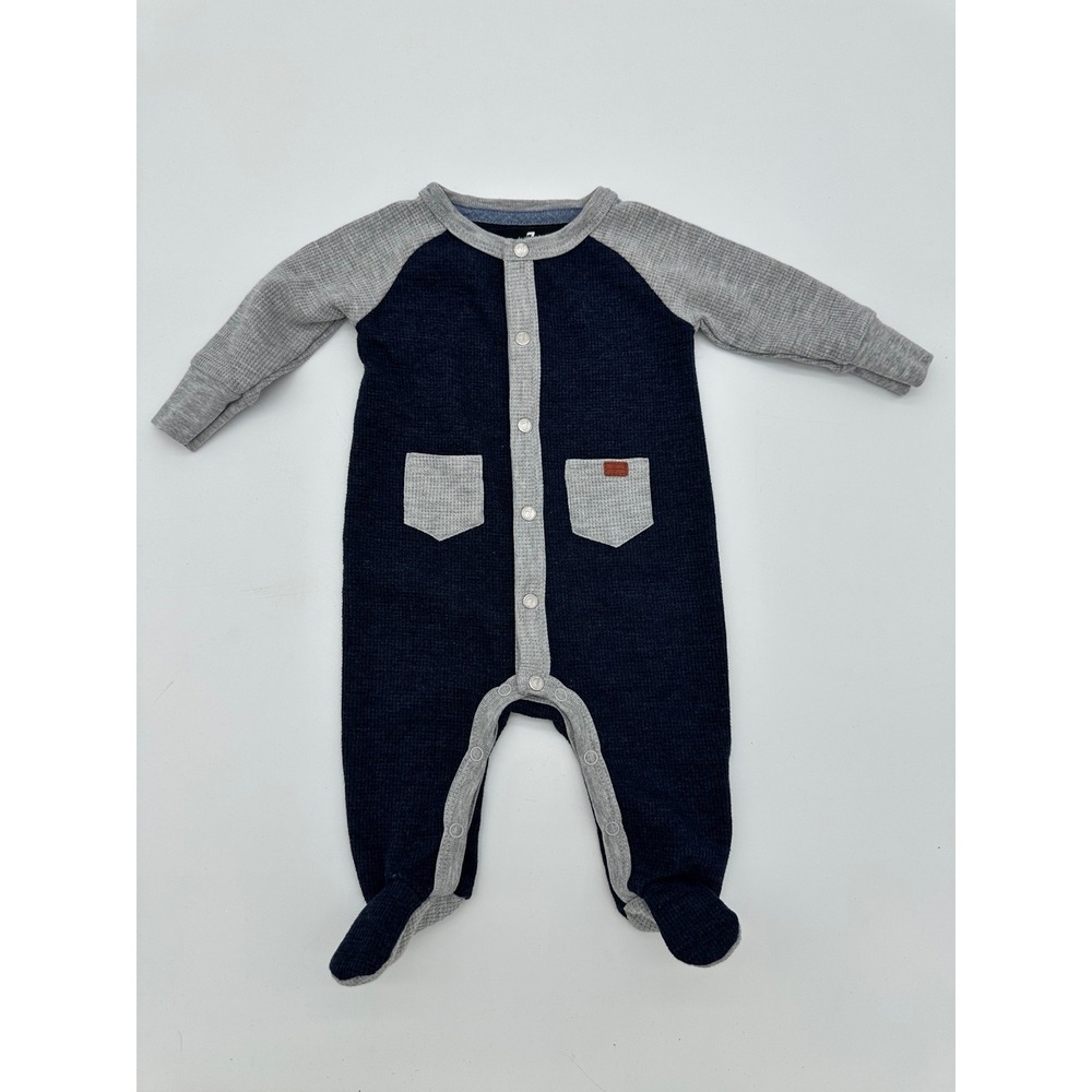 7 For All Mankind Footed Romper Baby Boy Thermal Waffle Knit Navy Grey 0/3M